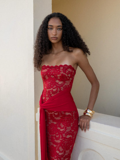 Strapless Scalloped Lace Maxi Dress HV3189