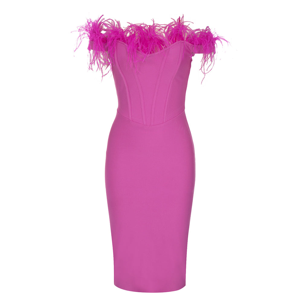 Feather Off Shoulder Midi Dress Hot Pink HV9035