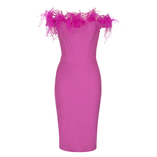 Feather Off Shoulder Midi Dress Hot Pink HV9035