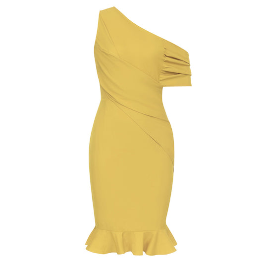 One Shoulder Draped Ruffle Dress Mustard HV9690