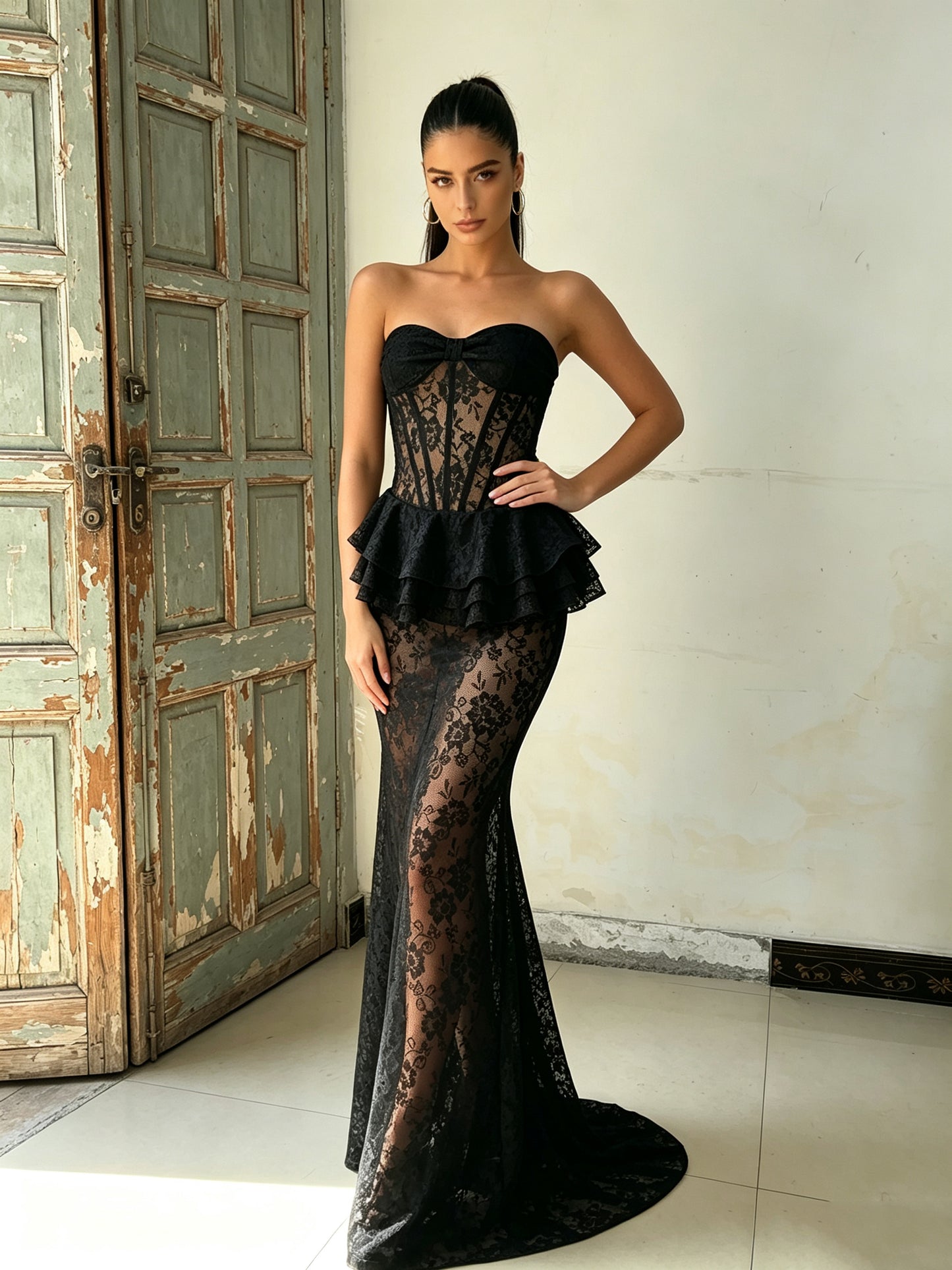 Strapless Lace Bustier Peplum Maxi Dress Black HV3131