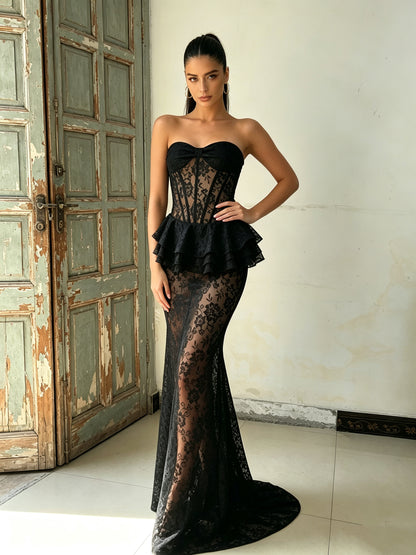 Strapless Lace Bustier Peplum Maxi Dress Black HV3131