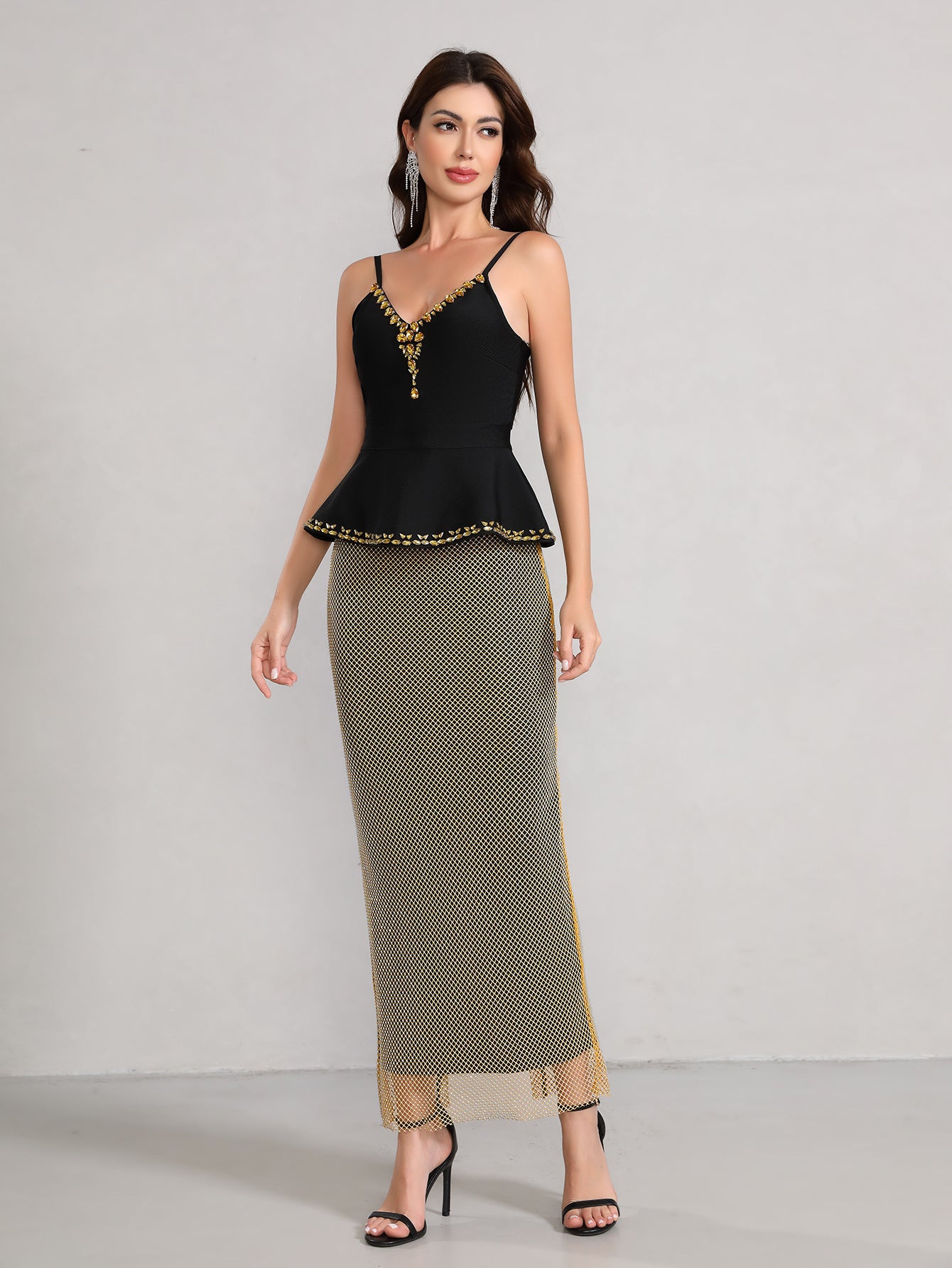 Crystal Peplum Maxi Dress Black Silver HV2669