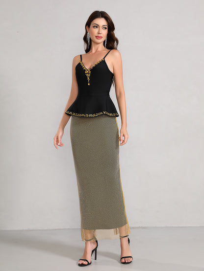 Crystal Peplum Maxi Dress Black Silver HV2669