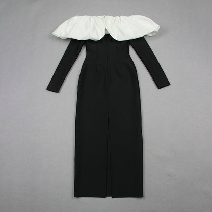 Long Sleeve Puff Bardot Midi Dress Black White HV9640