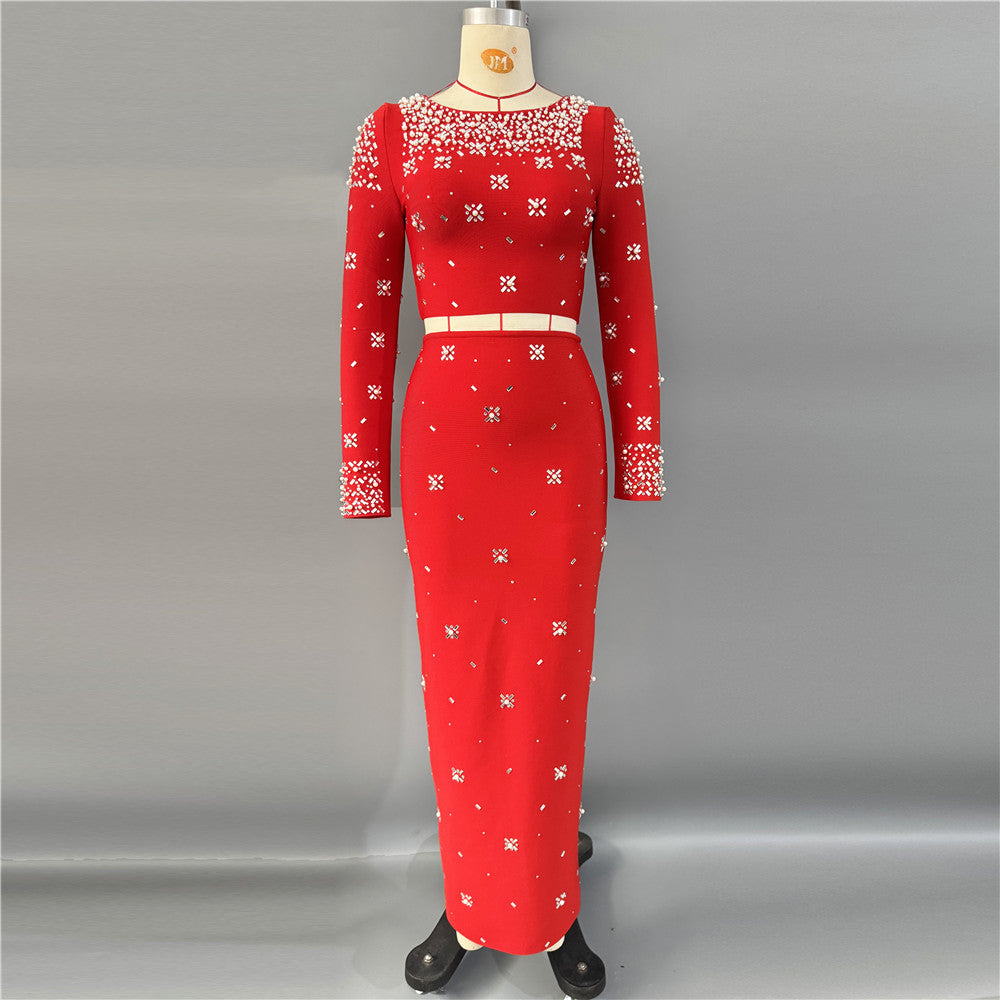 Long Sleeve Crystal Embellished Two Piece Maxi Dress HV3098