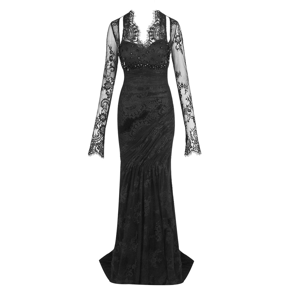 Long Sleeve Halter Sequin Lace Maxi Dress Black HV2231
