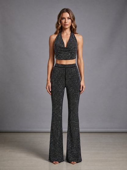 Halter Sparkly Two Piece Jumpsuit Silver HV3203