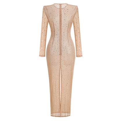 Long Sleeve Crystal Mesh Maxi Dress Nude HV2085