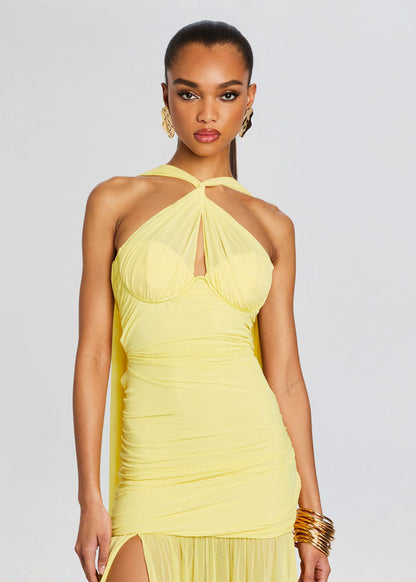 Halter Bustier Ruched Maxi Dress Yellow HV1648