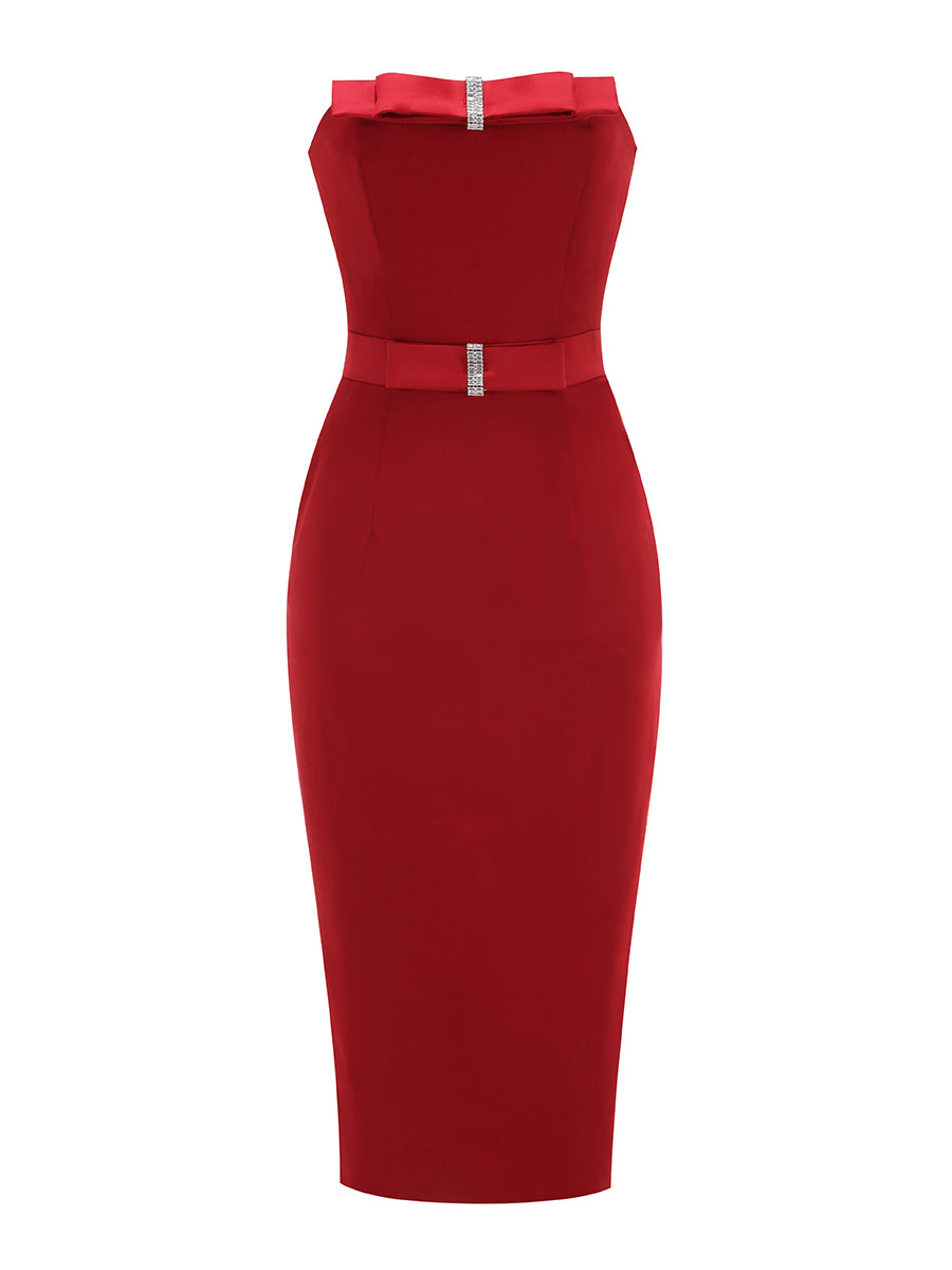 Strapless Bow Detail Midi Dress Red