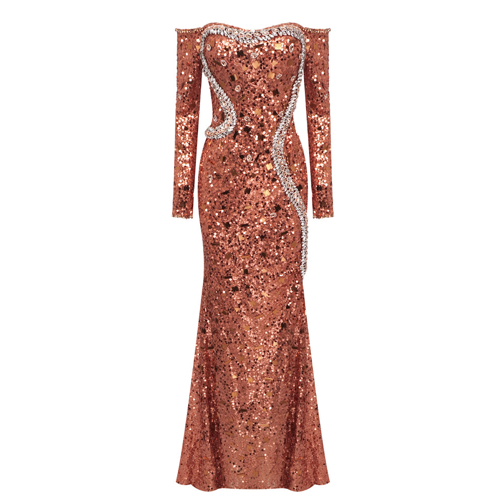 Long Sleeve Bardot Sequin Crystal Maxi Dress Rust HV1724