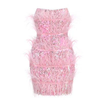 Strapless Feather Sequin Dress Pink HV9288