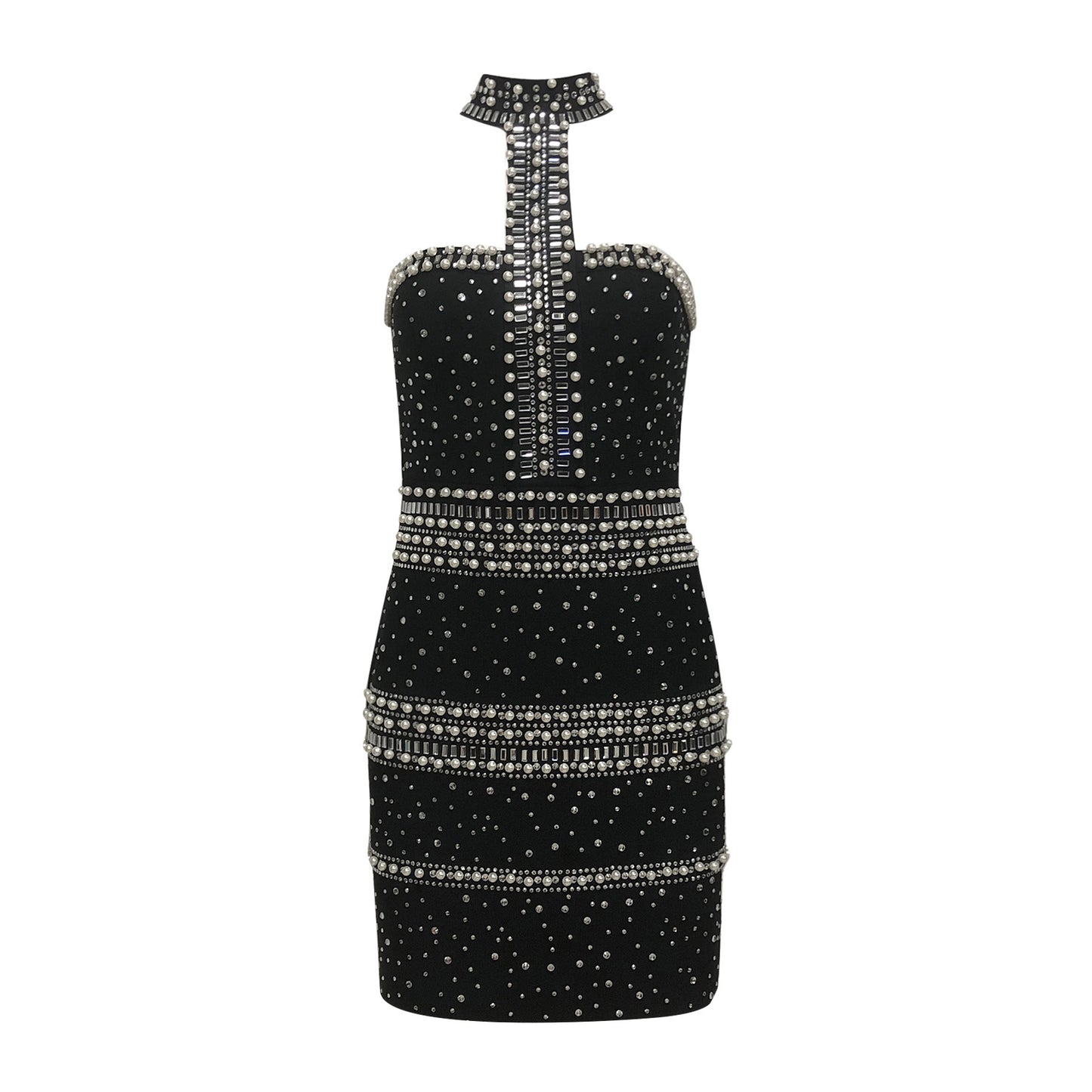 Halter Pearl Crystal Dress Black HV2723