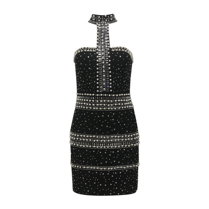 Halter Pearl Crystal Dress Black HV2723
