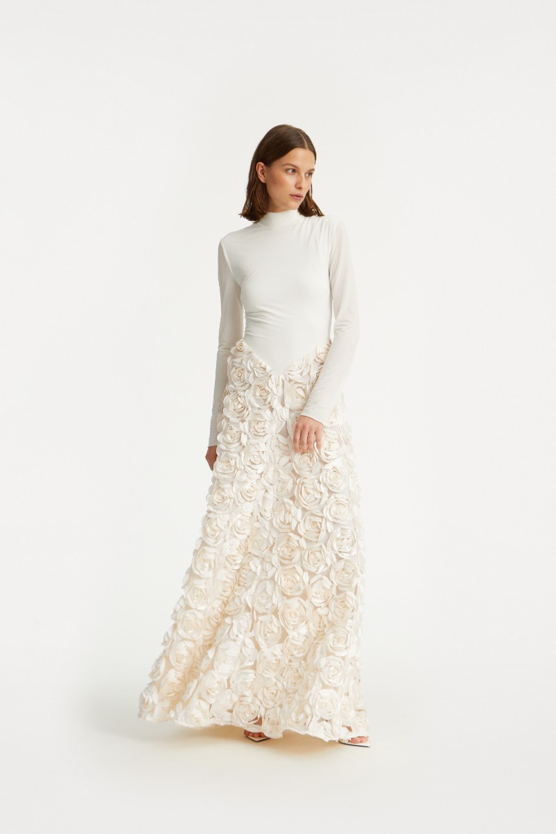 Long Sleeve Floral A Line Maxi Dress Ivory HV2839