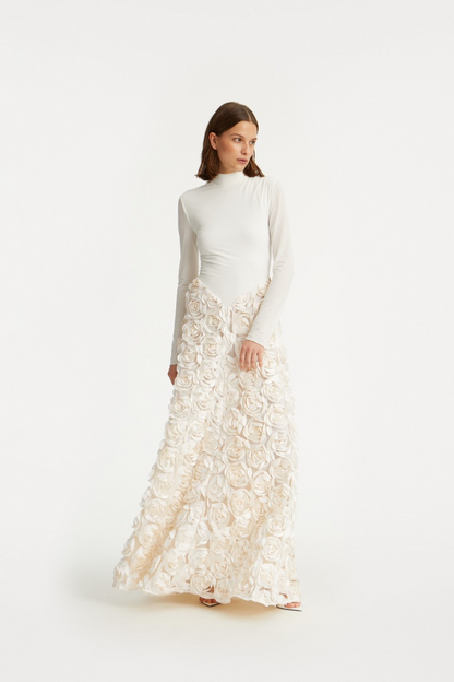 Long Sleeve Floral A Line Maxi Dress Ivory HV2839