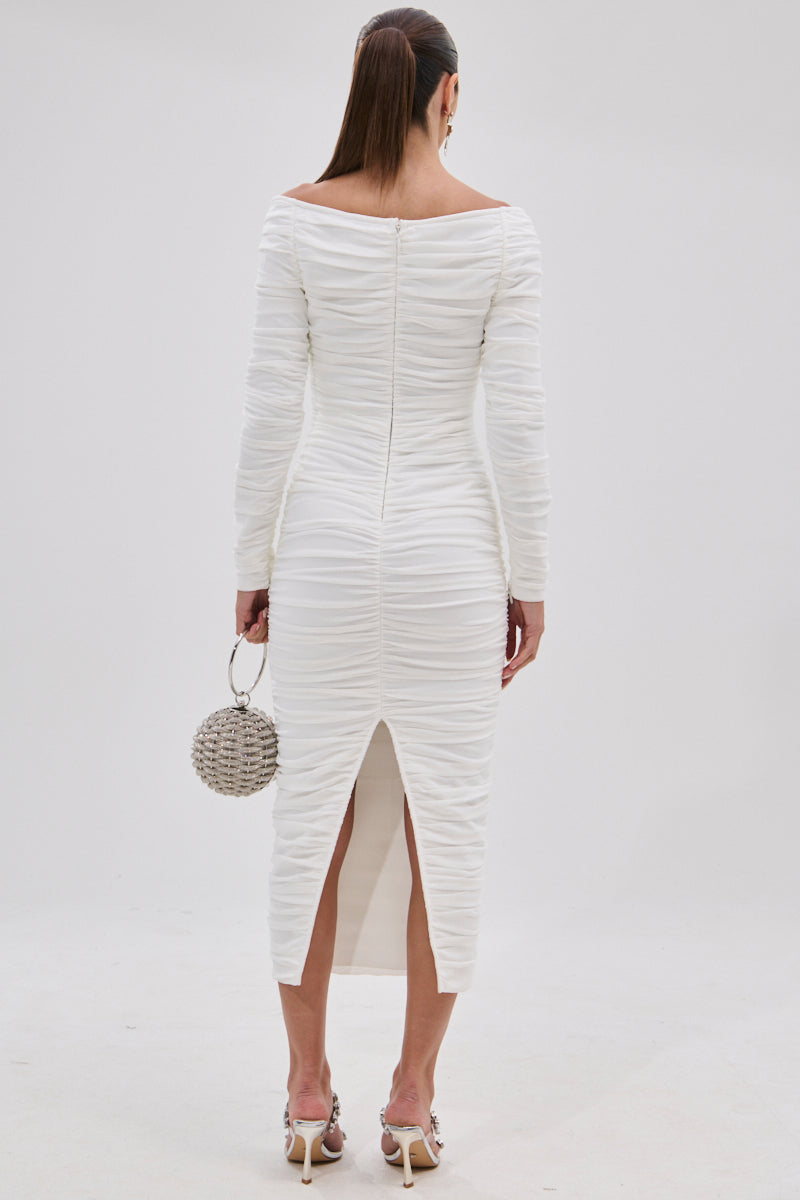 Long Sleeve Bardot Draped Midi Dress White HV3068