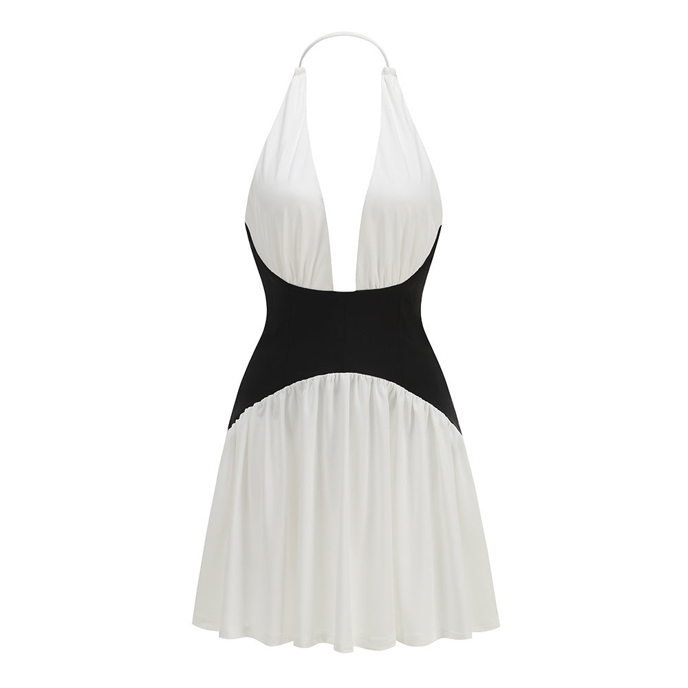 Halter Structured A Line Dress Black White HV2527