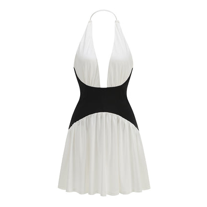 Halter Structured A Line Dress Black White HV2527