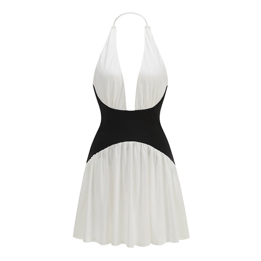 Halter Structured A Line Dress Black White HV2527