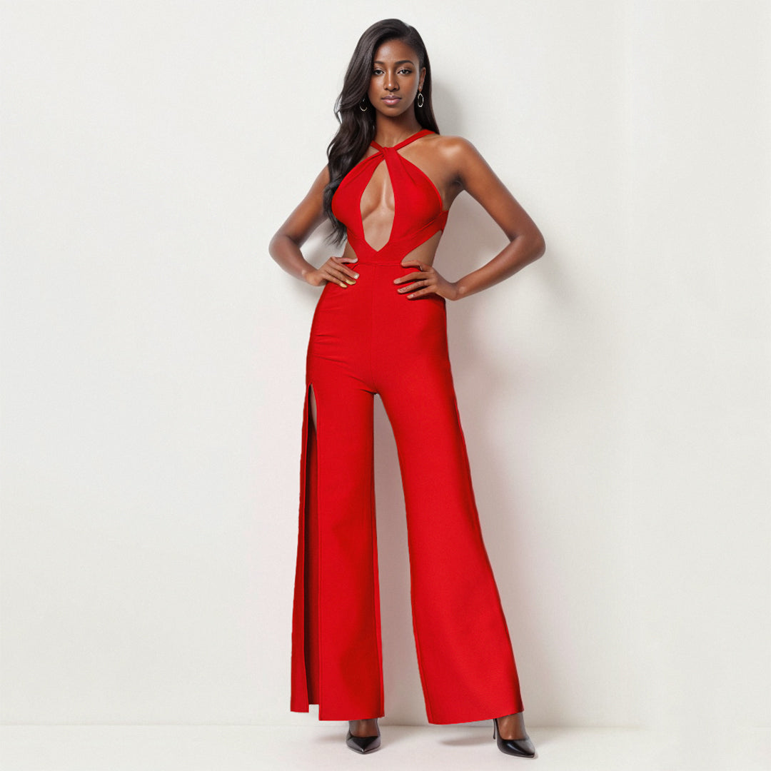 Halter Cut Out Detail Jumpsuit Red