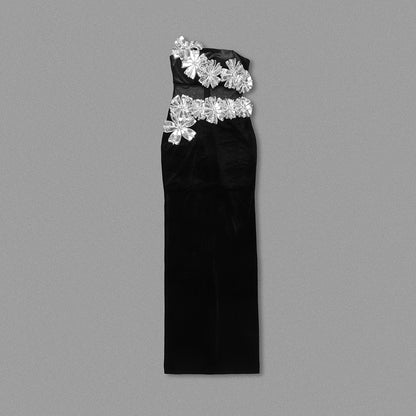 Strapless Sequin Floral Maxi Velvet Dress Black HV1696