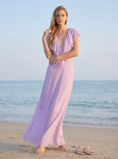 Ruffle Plunging Neck Maxi Dress Lavender HV2919