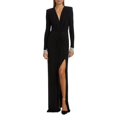 Long Sleeve Crystal Detail Draped Maxi Dress Black