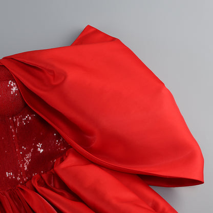 Bardot Sequin Bustier Puff Dress Red