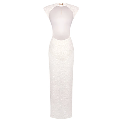 Embellished Backless Maxi Dress White HV0067