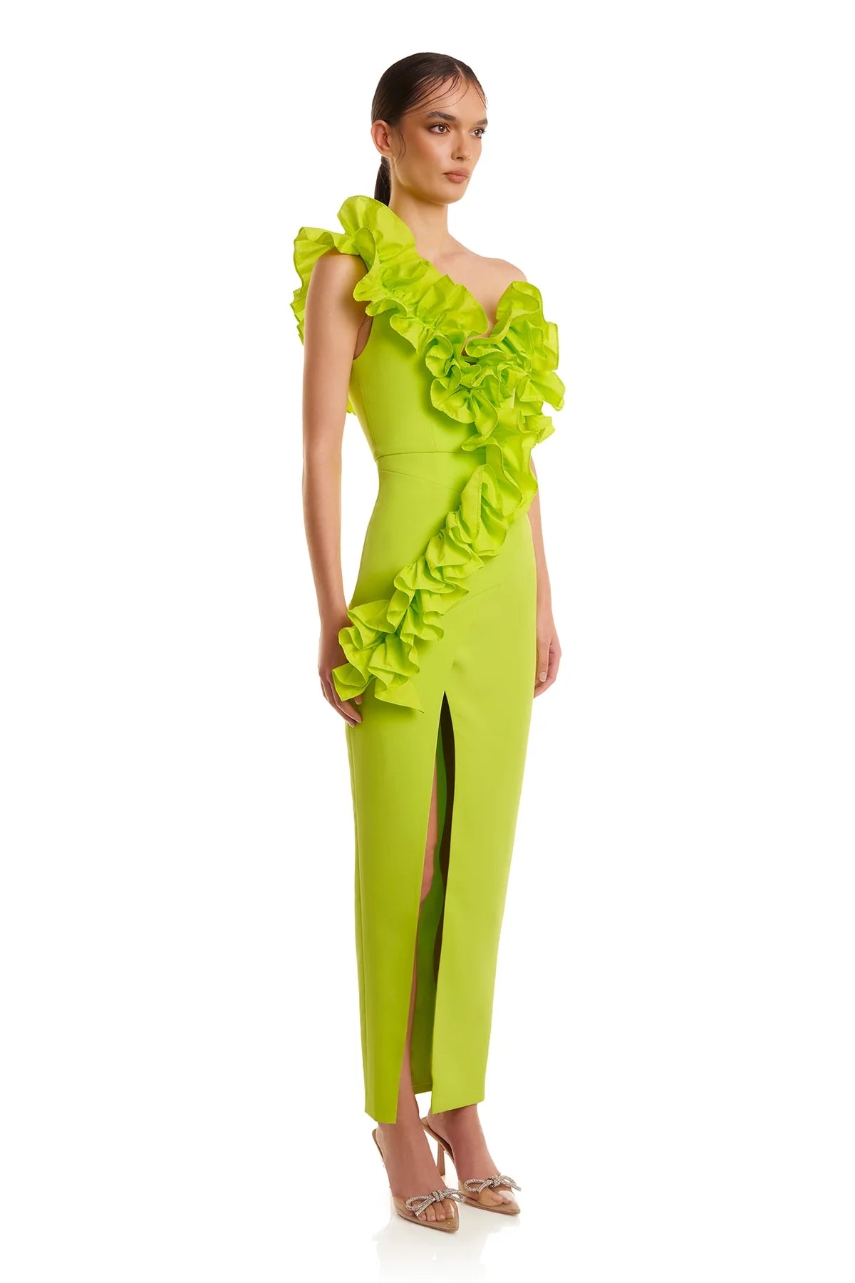 One Shoulder Ruffle Maxi Dress Neon Green HV1511