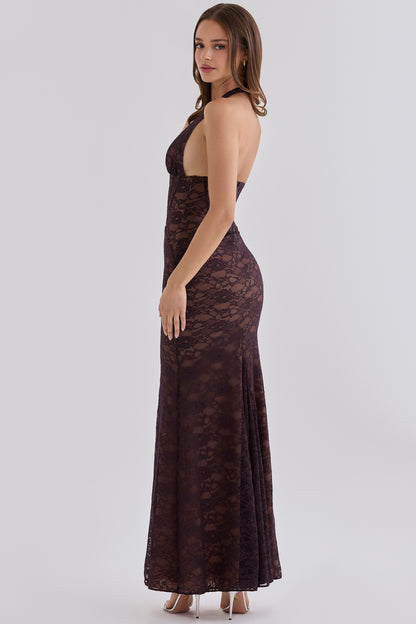 Halter Structured Lace Maxi Dress Brown HV3237