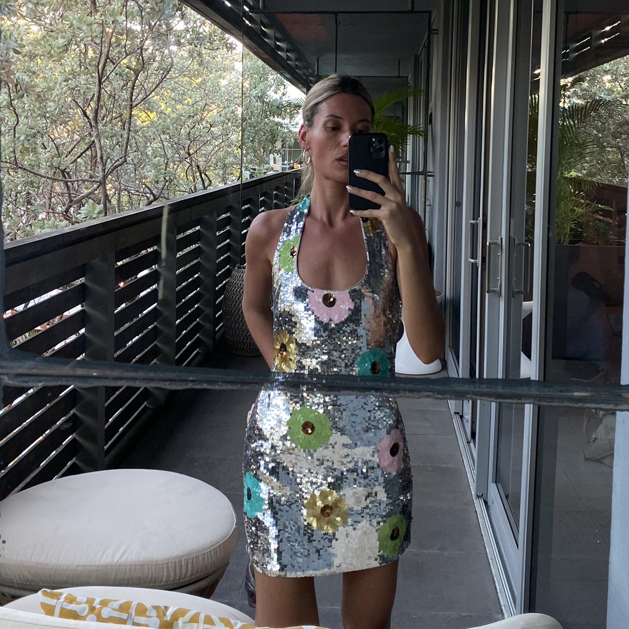 Halter Floral Sequin Dress Silver HV2338