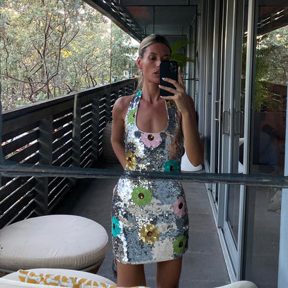 Halter Floral Sequin Dress Silver HV2338