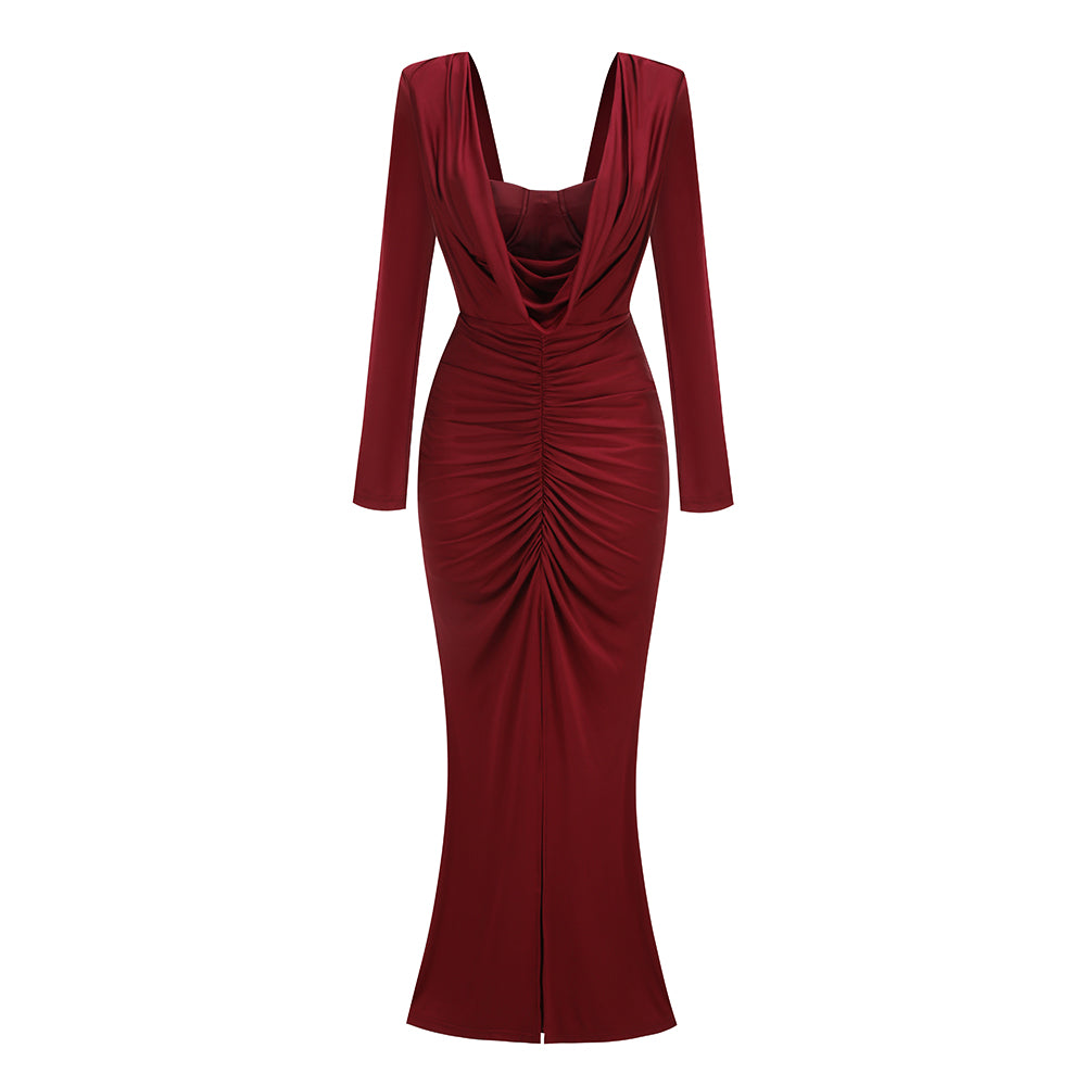 Long Sleeve Draped Bustier Maxi Dress Burgundy HV3231