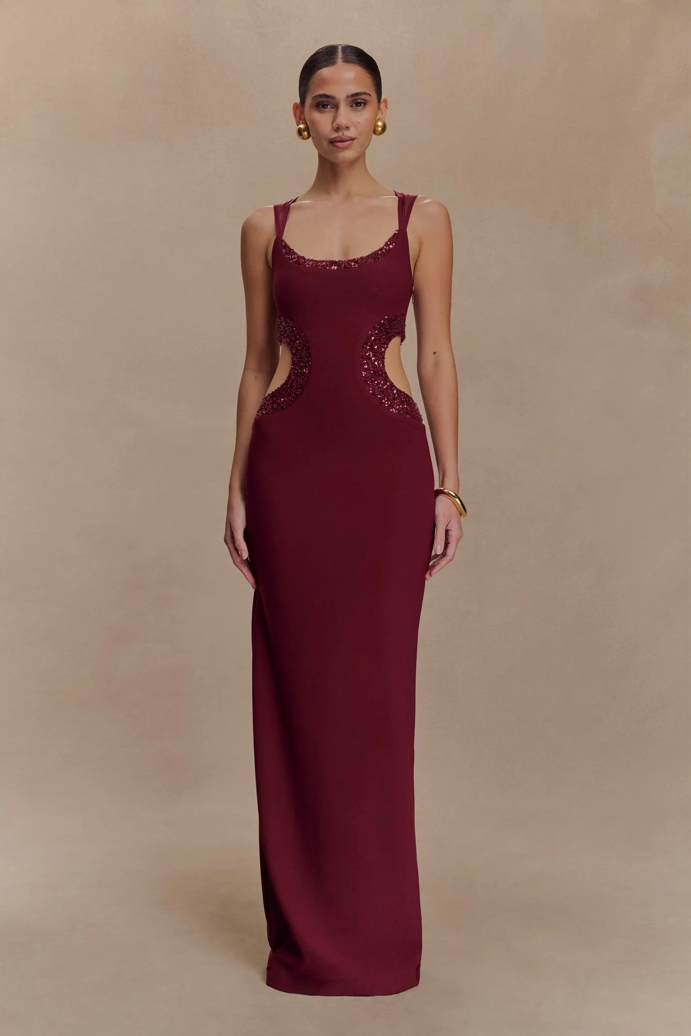 Mesh Sequin Cut Out Maxi Dress Red HV2834