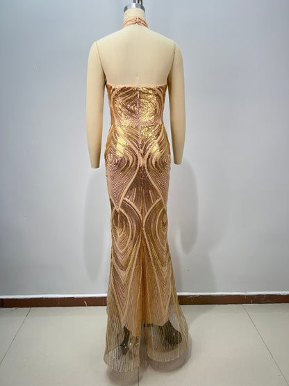 Halter Sequined Maxi Dress Gold HV2858