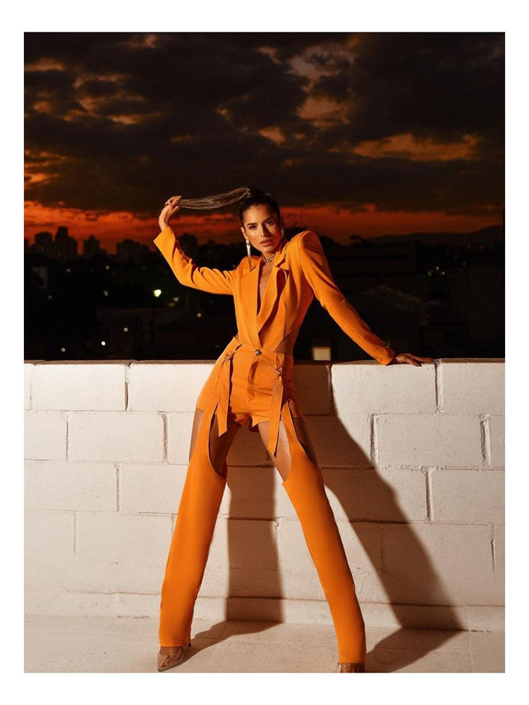 Long Sleeve Cut Out Jumpsuit Orange