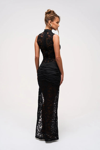 Cut Out Detail Lace Maxi Dress สีดำ HV0020