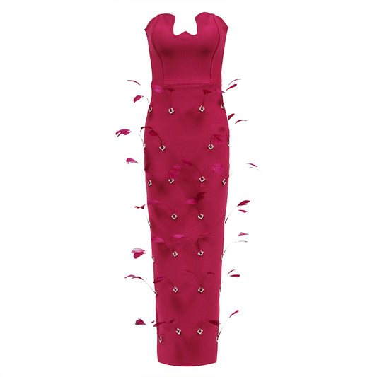 Strapless Feather Crystal Maxi Dress Hot Pink HV1393