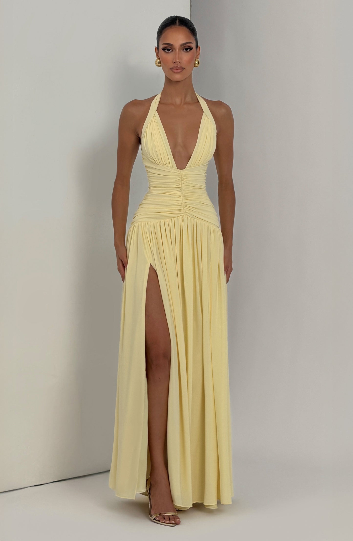 Halter Corset A Line Maxi Dress Yellow HV2960