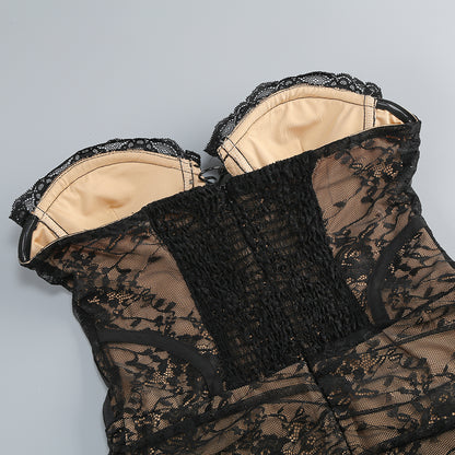 Strapless Draped Lace Corset Dress Black HV2157