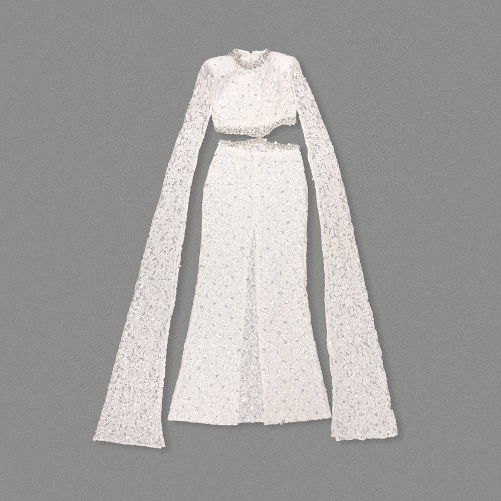 Cape Sleeve Crystal Lace Maxi Dress White HV0038