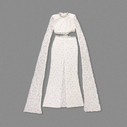 Cape Sleeve Crystal Lace Maxi Dress White HV0038
