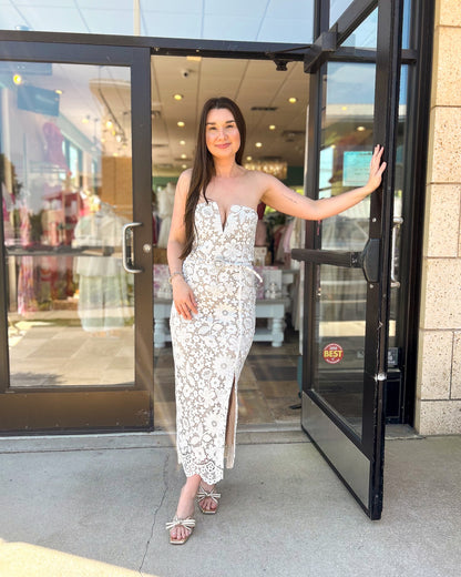 Strapless Floral Crochet Midi Dress White HV1778