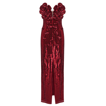 Strapless Flower Sequin Maxi Dress Red HV1007