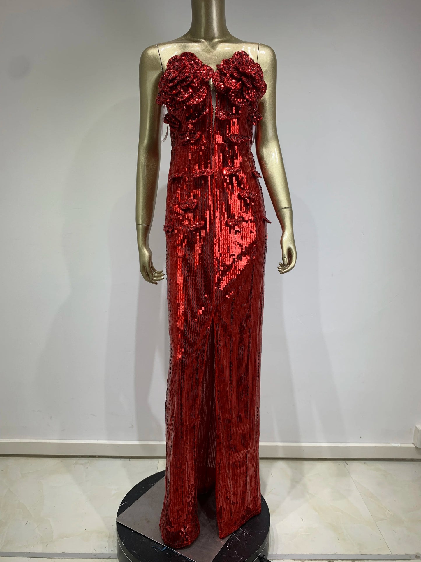 Strapless Flower Sequin Maxi Dress Red HV1007