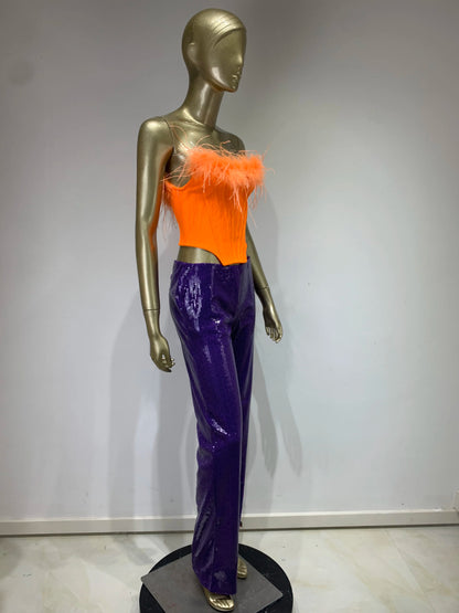 Strapless Feather Two Piece Jumpsuit Orange Purple  HV9937