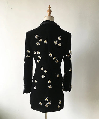 Long Sleeve Crystal Bee Velvet Blazer Black